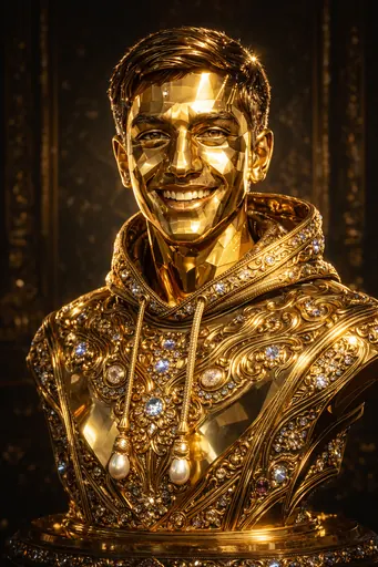 Ophelia generatore di immagini IA gratuito – prompt:Create an ornate gold sculpture presented as a finely crafted art object. The sc…