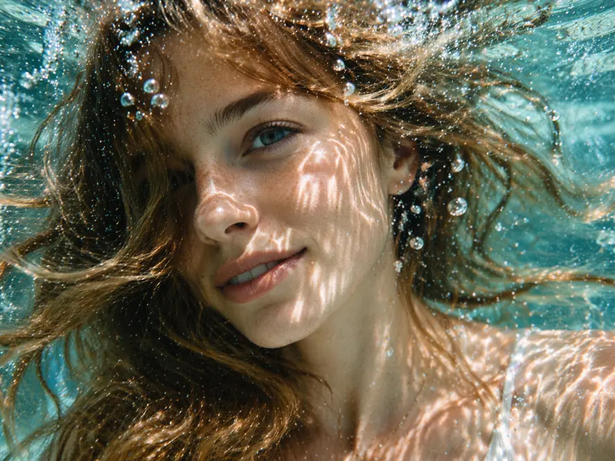 Opheliaai 프롬프트:Create an extreme close-up underwater portrait after the subject has just jumped…
