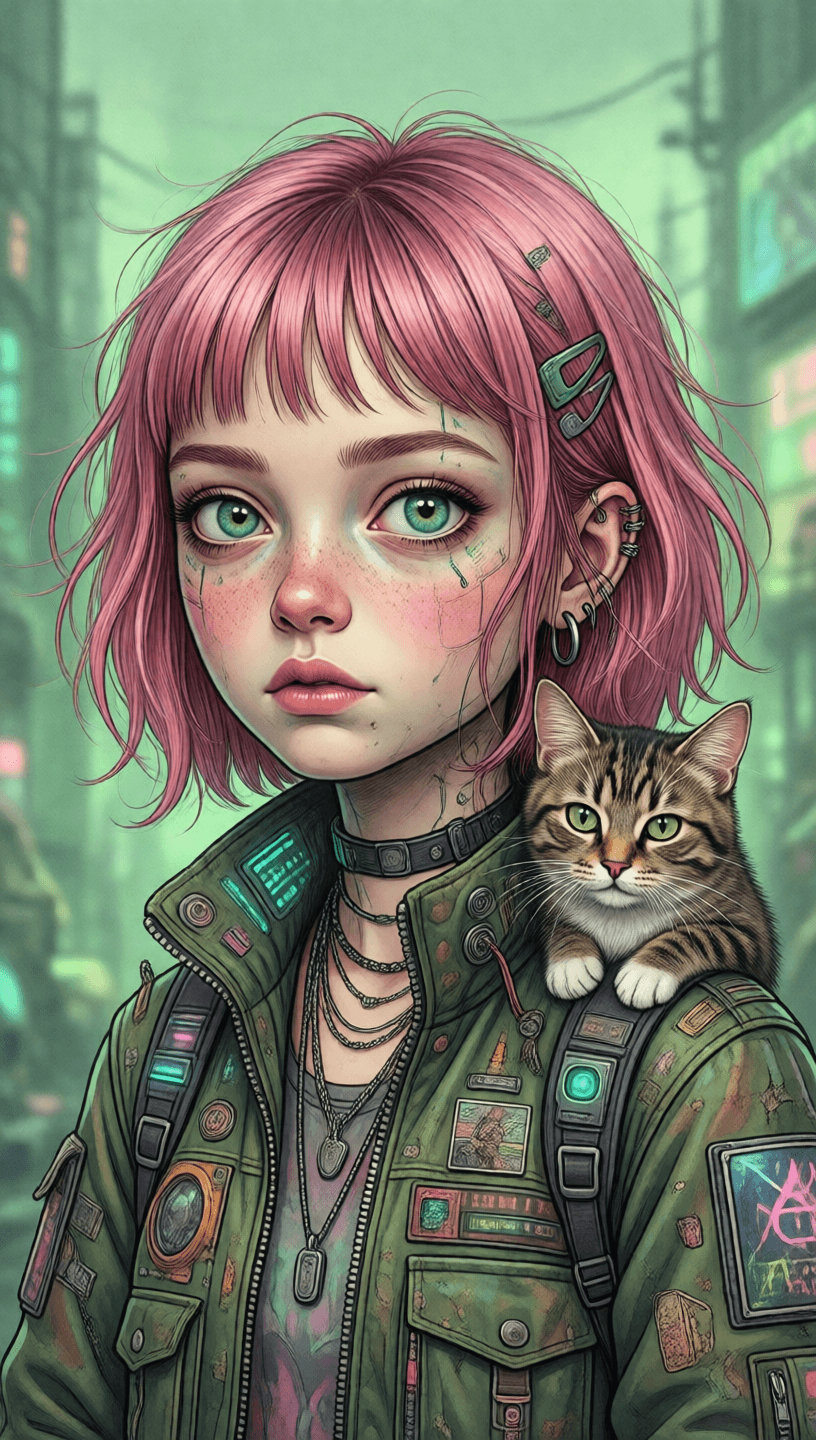 Ophelia generatore di immagini IA gratuito – prompt:An illustration of a quirky girl with pink hair, in the style of Flat shading, G…