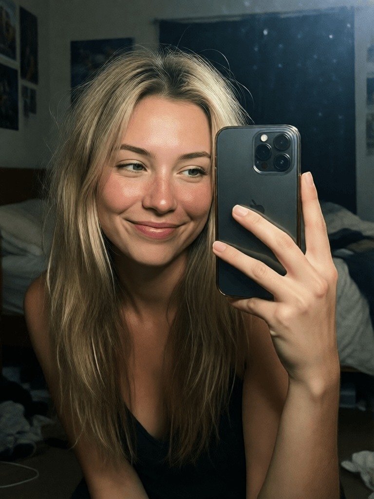 Ophelia générateur d’images IA gratuit – prompt:Ultra realistic, mirror self shot picture, iPhone 13 Pro, slight camera flash, h…