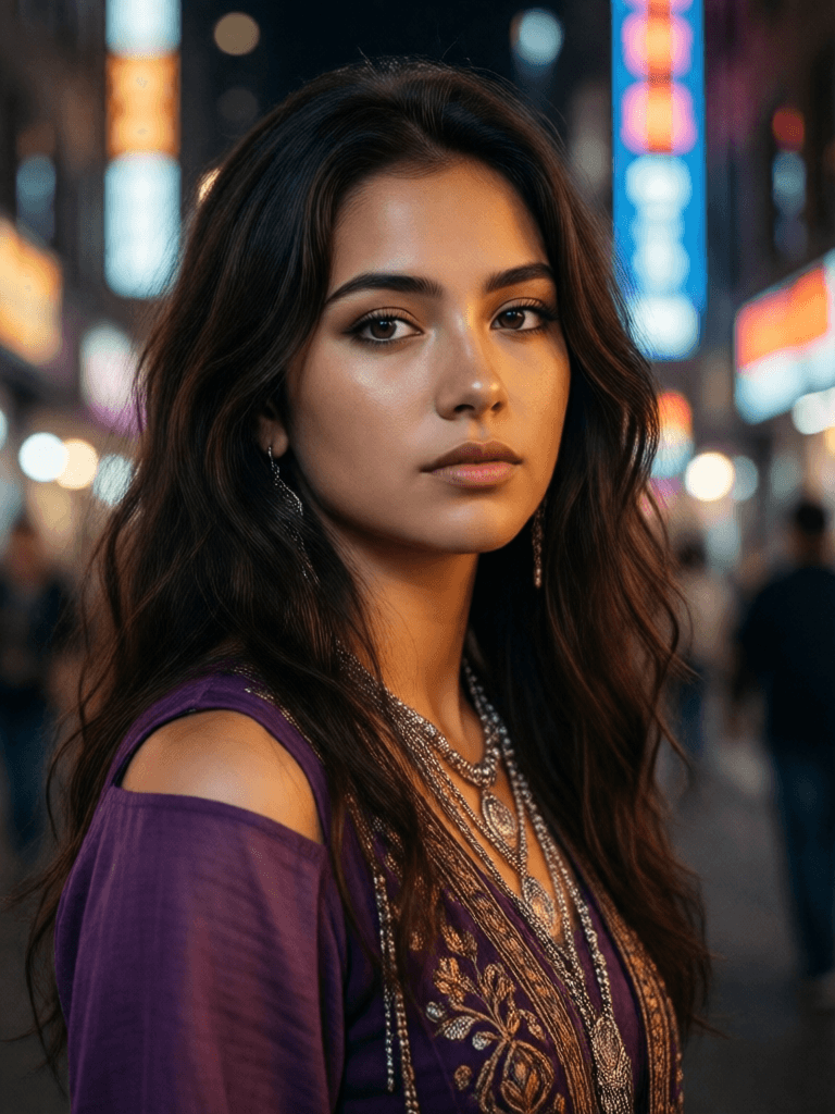 Ophelia 免费 AI 图片生成器提示词:a girl in a purple top in a neon city, in the style of chinapunk, iconic album c…