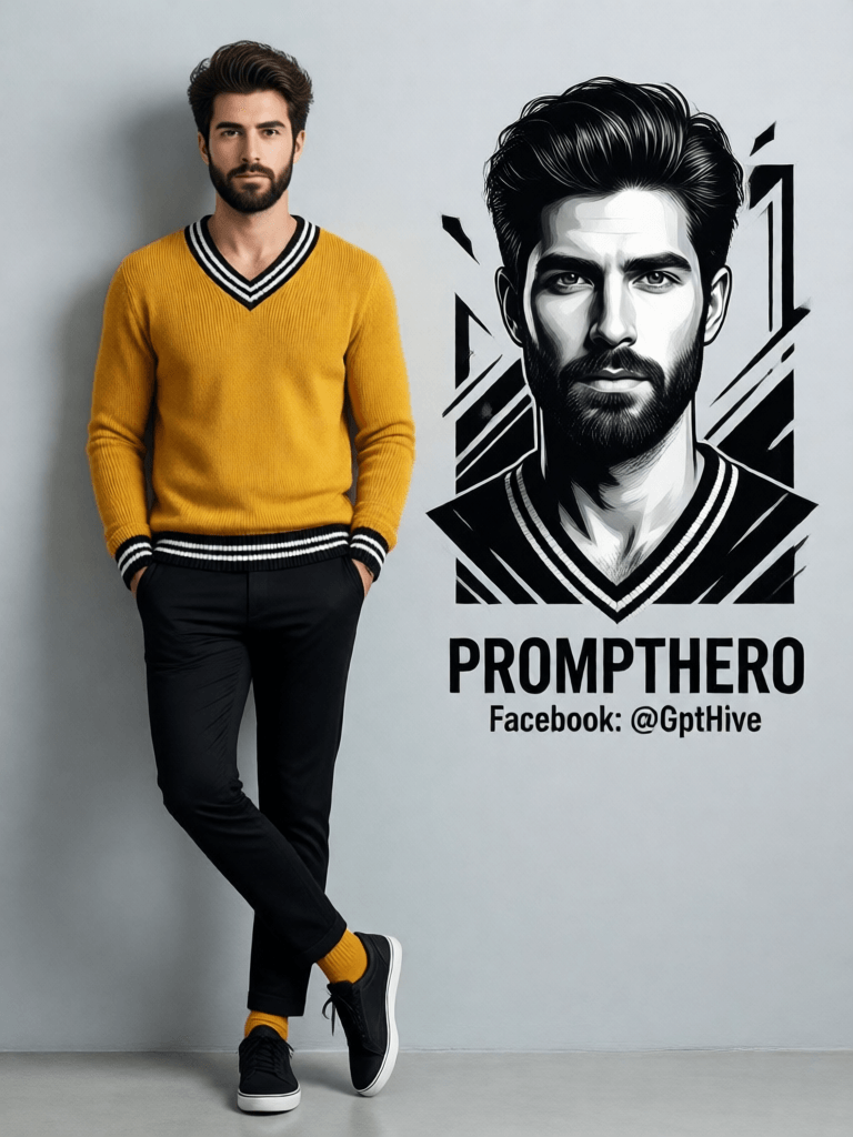 Ophelia free AI image generator prompt:"Ultra-realistic 8K full-body portrait of a stylish young man leaning casually a…