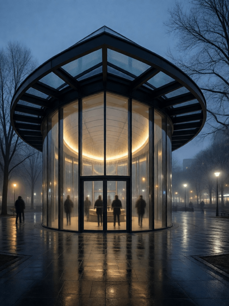 Ophelia 免费 AI 图片生成器提示词:modern minimalist architecture, contemporary pavilion design, symmetrical curved…