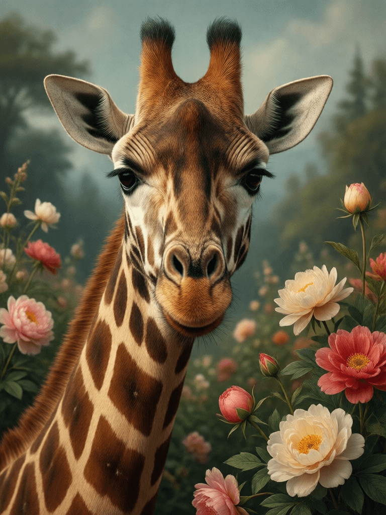 Ophelia เครื่องมือสร้างภาพ AI ฟรี – พรอมต์:giraffe in flowers by artist arne thun, in the style of natalia rak, 8k resoluti…