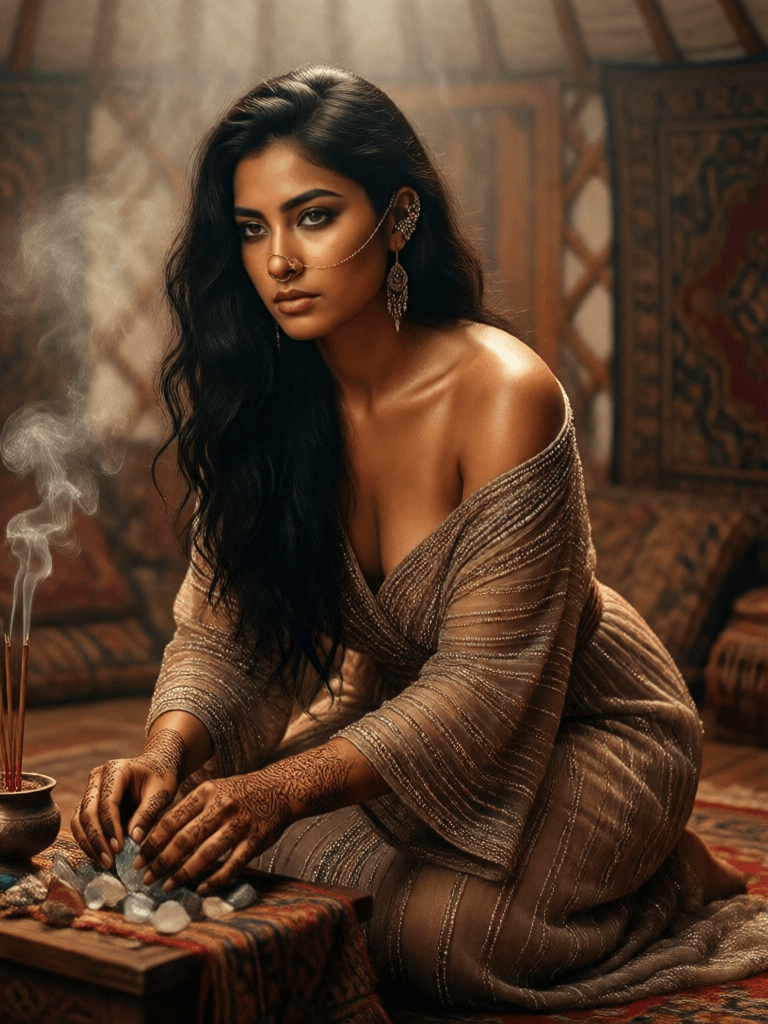 Ophelia 免費 AI 圖片生成器提示詞:A voluptuous, olive-skinned young female with jet-black, waist-length waves casc…