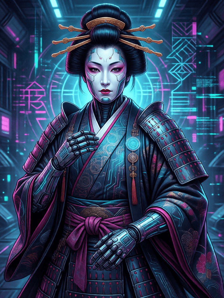 Ophelia trình tạo ảnh AI miễn phí – prompt:Neo-Cyberpunk Cyber-Edo Japanese illustration of a [CHARACTER_TYPE] in a cinemat…