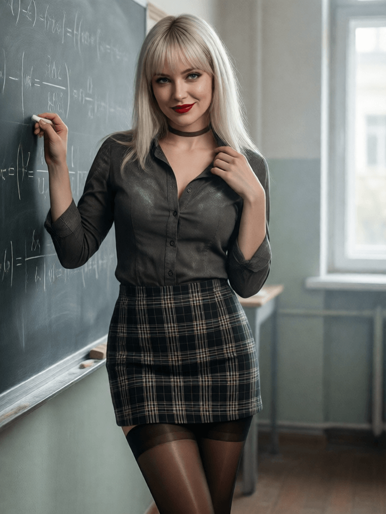 Ophelia 免費 AI 圖片生成器提示詞:Alluring math teacher by the blackboard", "appearance": "Straight white - blonde…