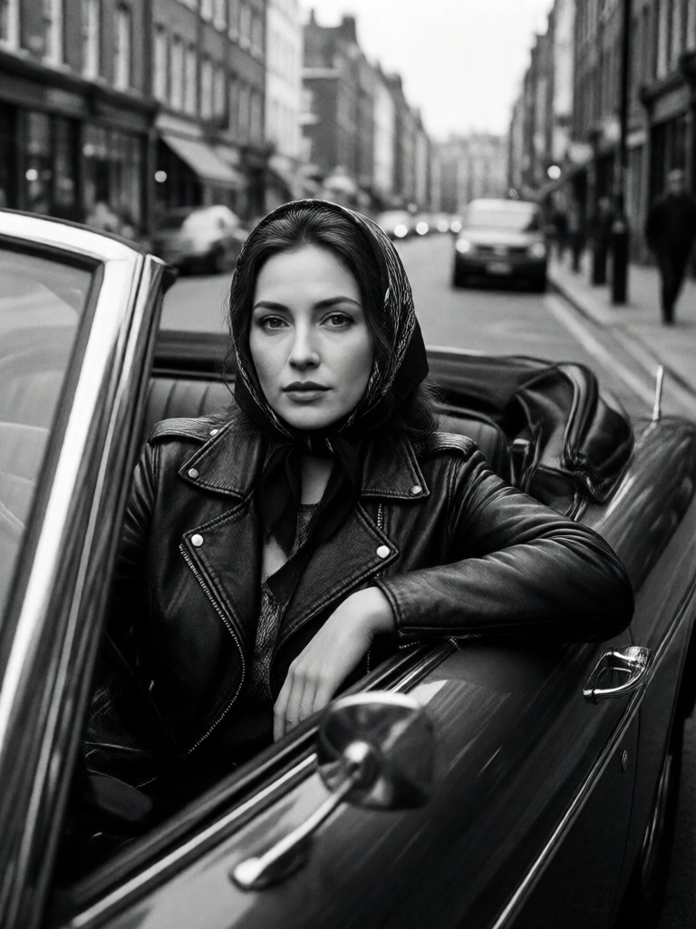 Ophelia kostenloser KI‑Bildgenerator‑Prompt:Black and white street photography of an attractive woman in leather jacket with…