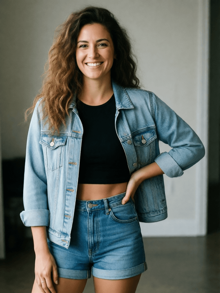 Ophelia generatore di immagini IA gratuito – prompt:An image of a woman with voluminous wavy hair, standing confidently and smiling…