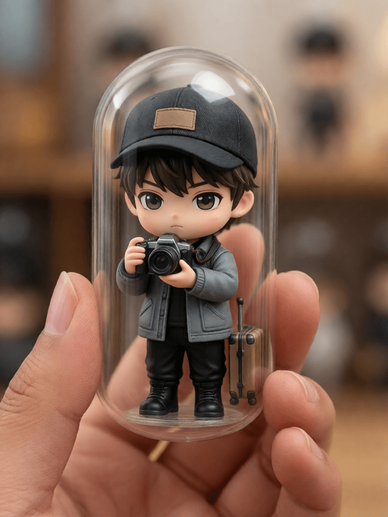 Ophelia generador de imágenes IA gratis – prompt:{ "subject": { "type": "chibi figurine", "gender": "male", "expression": "focuse…