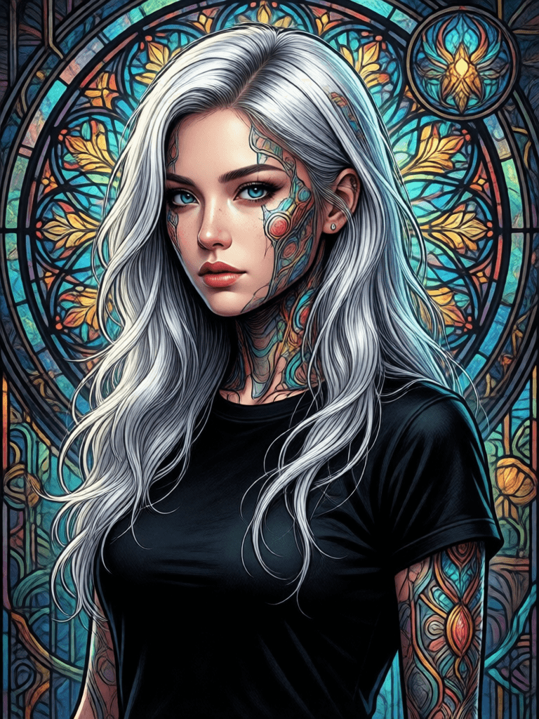 Ophelia เครื่องมือสร้างภาพ AI ฟรี – พรอมต์:an illustration of a woman with a white hair wearing a black t shirt, in the sty…