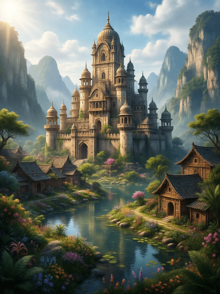 Ophelia free AI image generator prompt:Indian castle surrounded by water and nature, village, volumetric lighting, phot…