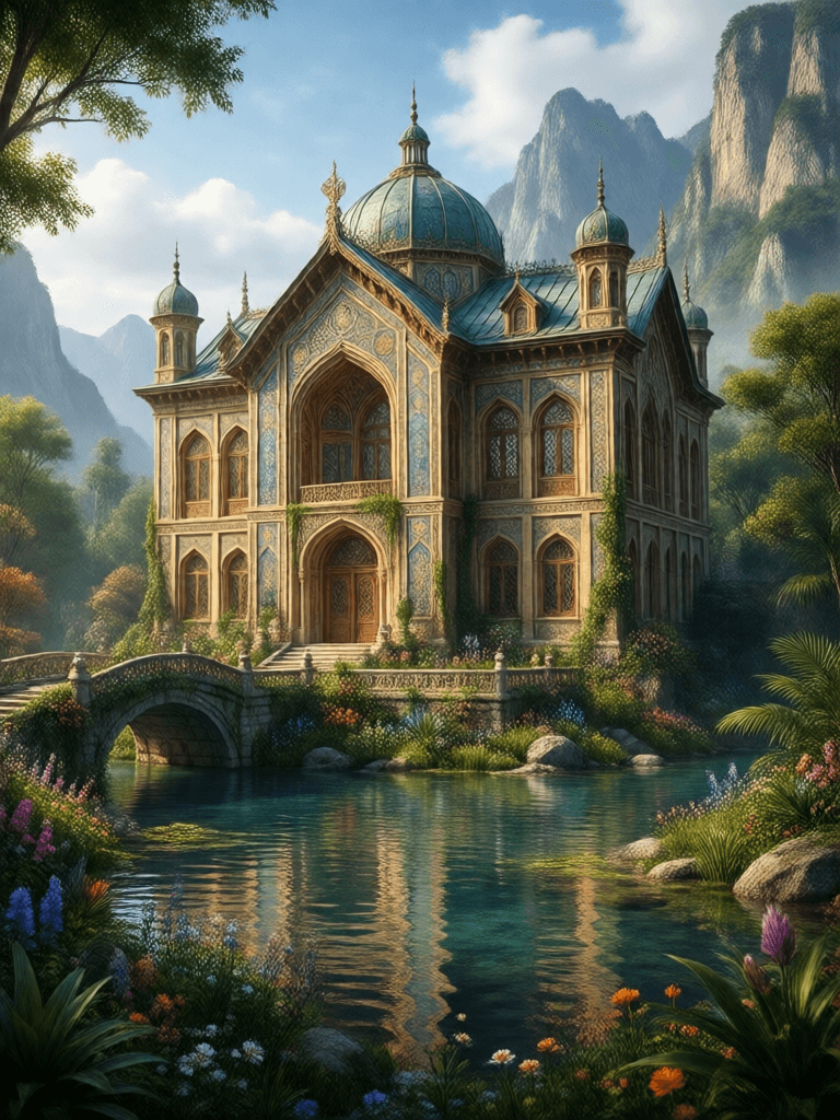 Ophelia générateur d’images IA gratuit – prompt:a big Persian Villa surrounded by water and nature, village, close view, volumet…