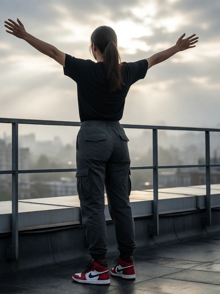 Ophelia 無料AI画像ジェネレーター用プロンプト:photograph of a woman expressing freedom, rear view, full body, building rooftop…