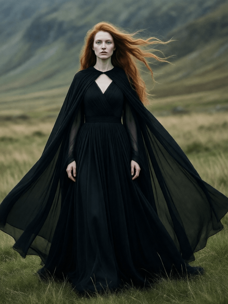 Ophelia free AI image generator prompt:a woman in a black dress standing in a field, in style of tim walker, long cloak…