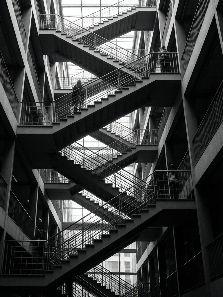 Ophelia free AI image generator prompt:geometric and architectural, vertical, black and white photography, looking up t…