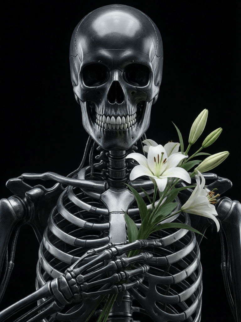 Ophelia generador de imágenes IA gratis – prompt:realistic render, cyberpunk, front central view, upper-body, skeletal teeth and…