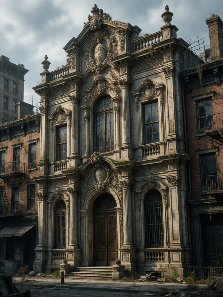 Ophelia generador de imágenes IA gratis – prompt:Baroque rococo architecture, architectural photography, post apocalyptic New Yor…