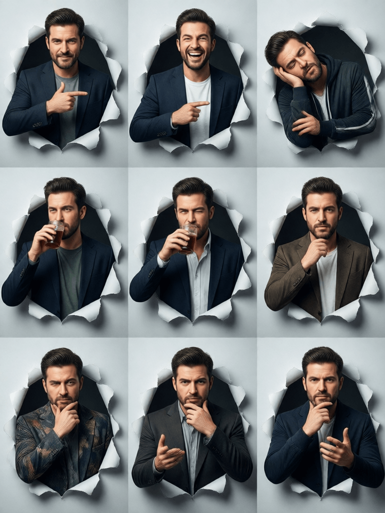 ‏Ophelia مولّد صور بالذكاء الاصطناعي مجاني – برومبت:Generate a hyper-realistic, 9:16 studio-style collage featuring an adult man (fa…