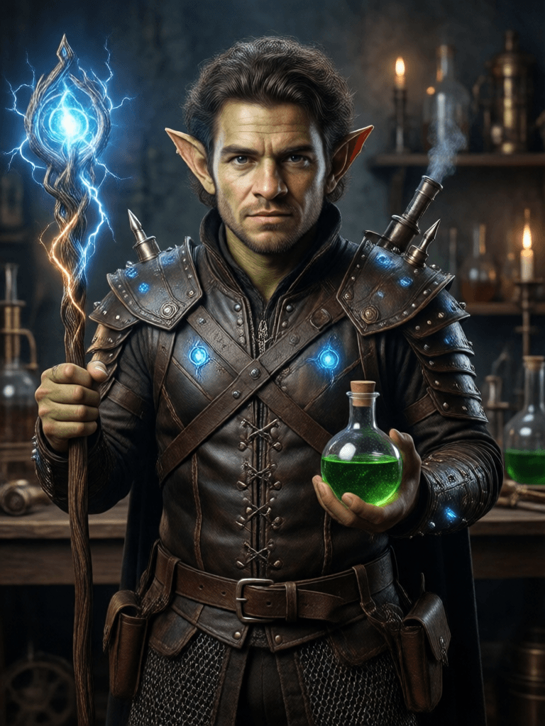 Ophelia free AI image generator prompt:Young male goblin tinkerer, wearing magical studded leather armor with a lightni…