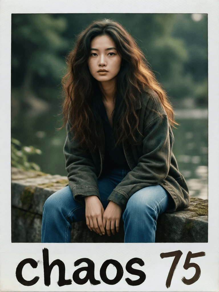 Ophelia generatore di immagini IA gratuito – prompt:polaroid photograph of an Asian model, sitting on the edge --chaos 75 --ar 1:2 -…