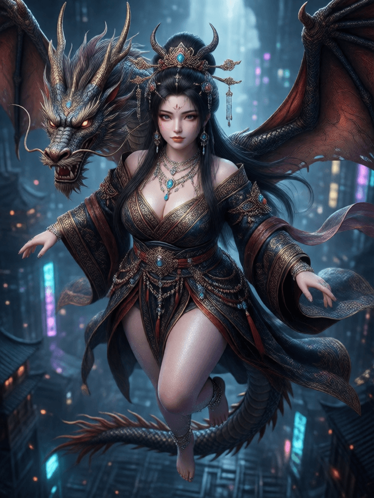 Ophelia générateur d’images IA gratuit – prompt:Kyoto Animation stylized anime mixed with tradition Chinese artworks~ A dragon f…