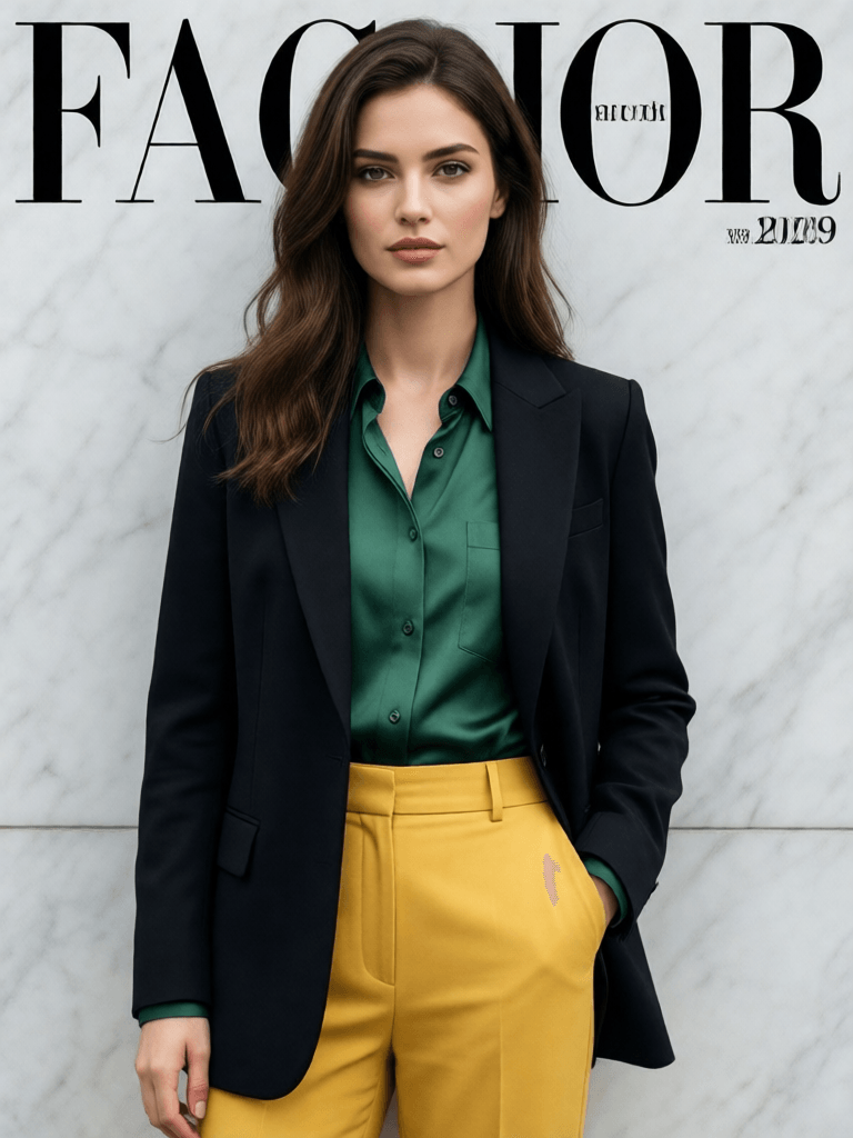 Ophelia เครื่องมือสร้างภาพ AI ฟรี – พรอมต์:fashion cover, front view, upper-body, woman model, white marble wall, black sui…