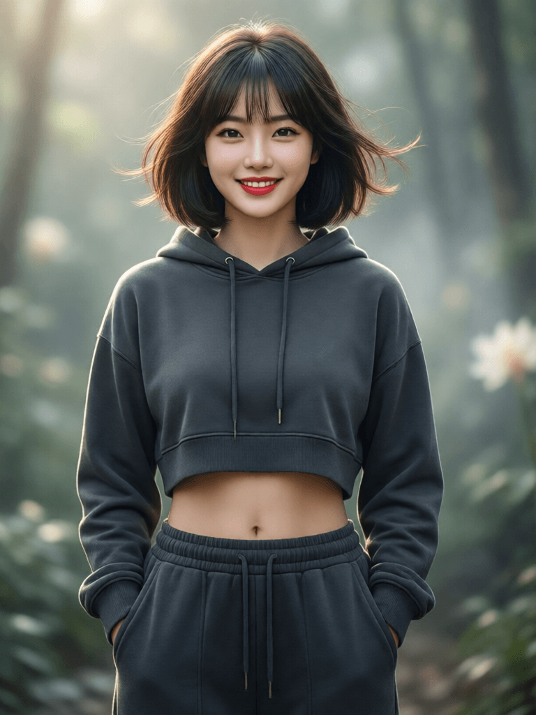 Ophelia gerador de imagens IA grátis – prompt:1 girl, beautiful Korean girl, (Cute Loose Bob hair), (wearing a cropped hoodie,…
