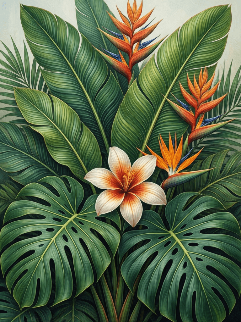 Ophelia generator gambar AI gratis – prompt:Рисунок для оформления стены большими тропическими листьями и цветами