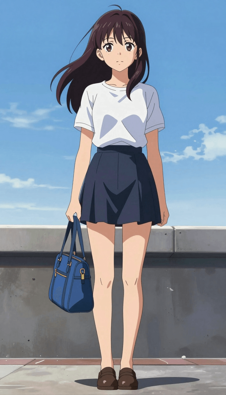 ‏Ophelia مولّد صور بالذكاء الاصطناعي مجاني – برومبت:XIGUA,  A young woman with a blue handbag, standing on an elevated platform agai…