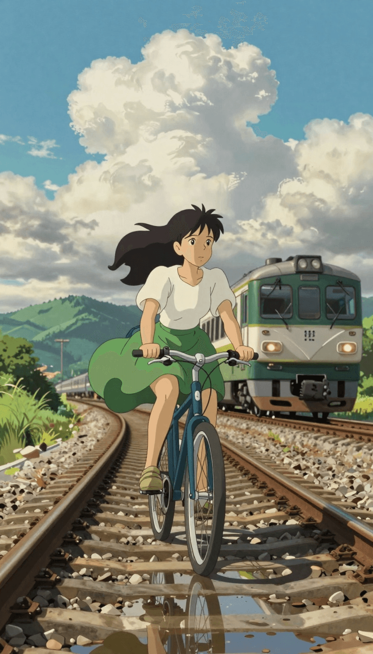 Ophelia kostenloser KI‑Bildgenerator‑Prompt:cycling,a young woman cycling near train tracks as a modern passenger train appr…