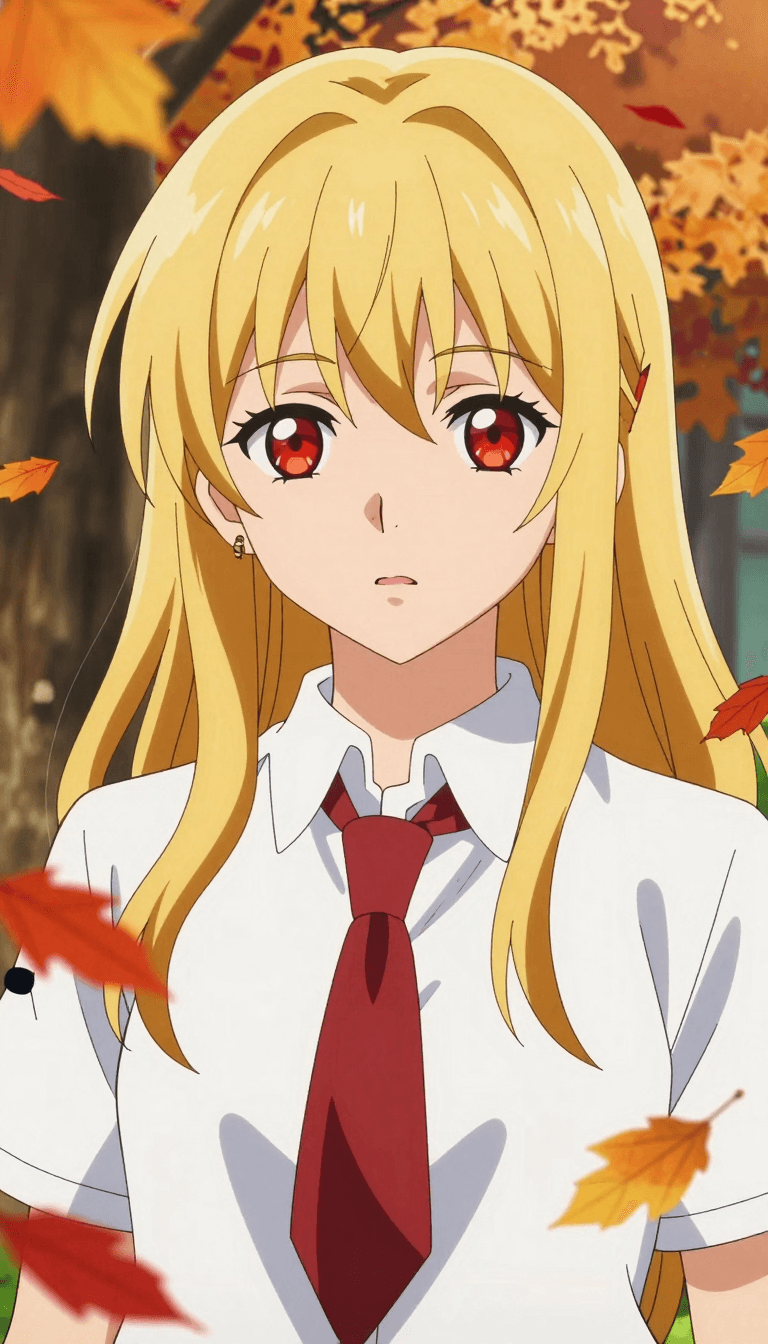 Ophelia free AI image generator prompt:Yoneyama Mai,1girl,solo,earrings,long hair,jewelry,leaf,red eyes,parted lips,blo…