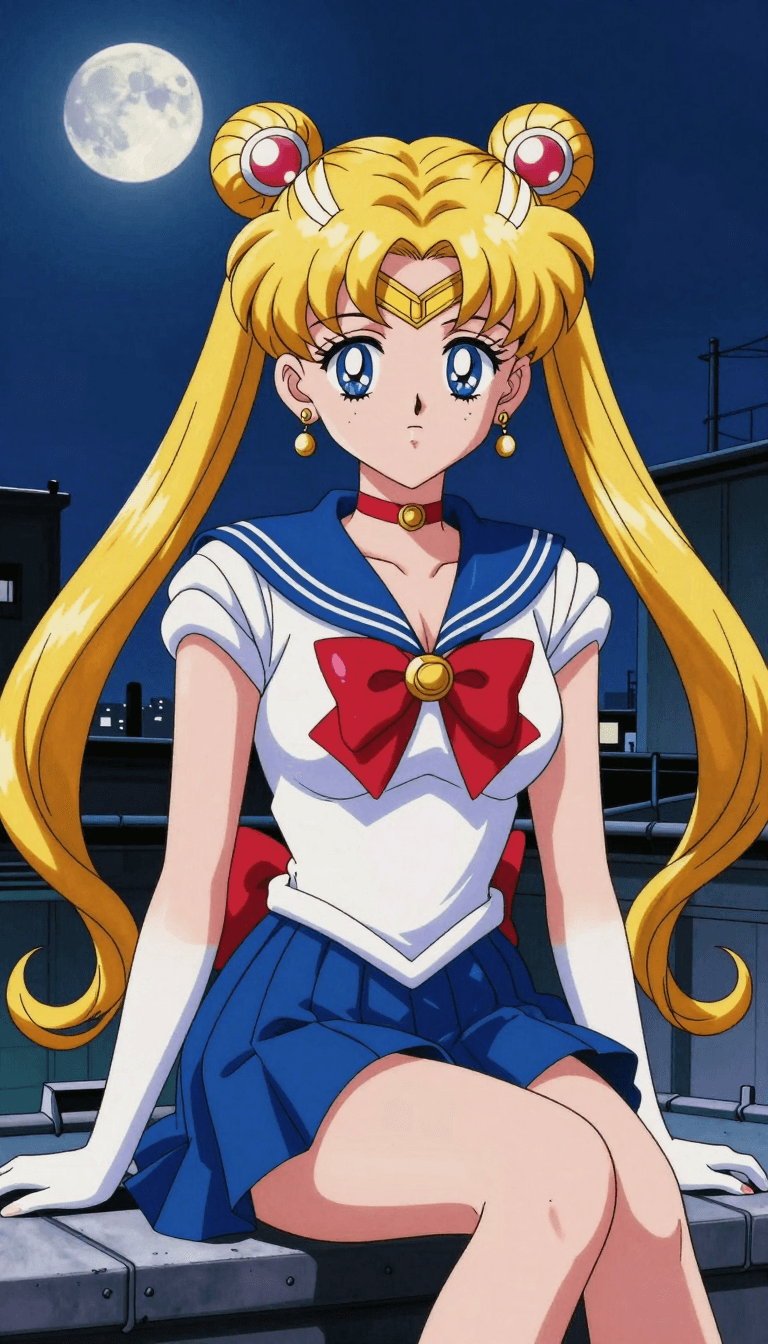 Ophelia free AI image generator prompt:dtpose,flux girl,Old Anime,anime.,Double ponytails long hair,sailor uniform. blu…