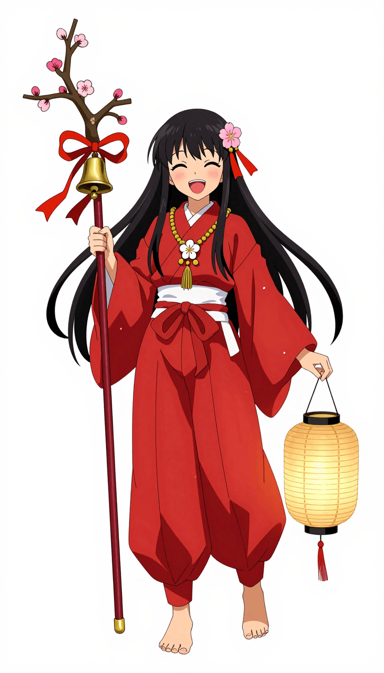 ‏Ophelia مولّد صور بالذكاء الاصطناعي مجاني – برومبت:HEZI,1girl,long hair,solo,holding,bell,white background,red pants,wide sleeves,o…