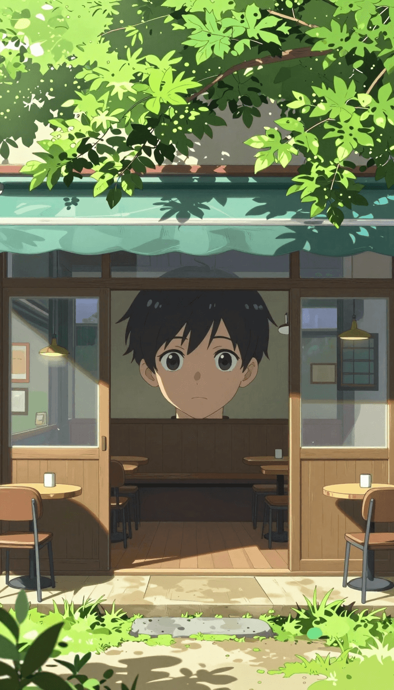 Ophelia เครื่องมือสร้างภาพ AI ฟรี – พรอมต์:This is a vibrant digital anime-style illustration depicting a café in the after…