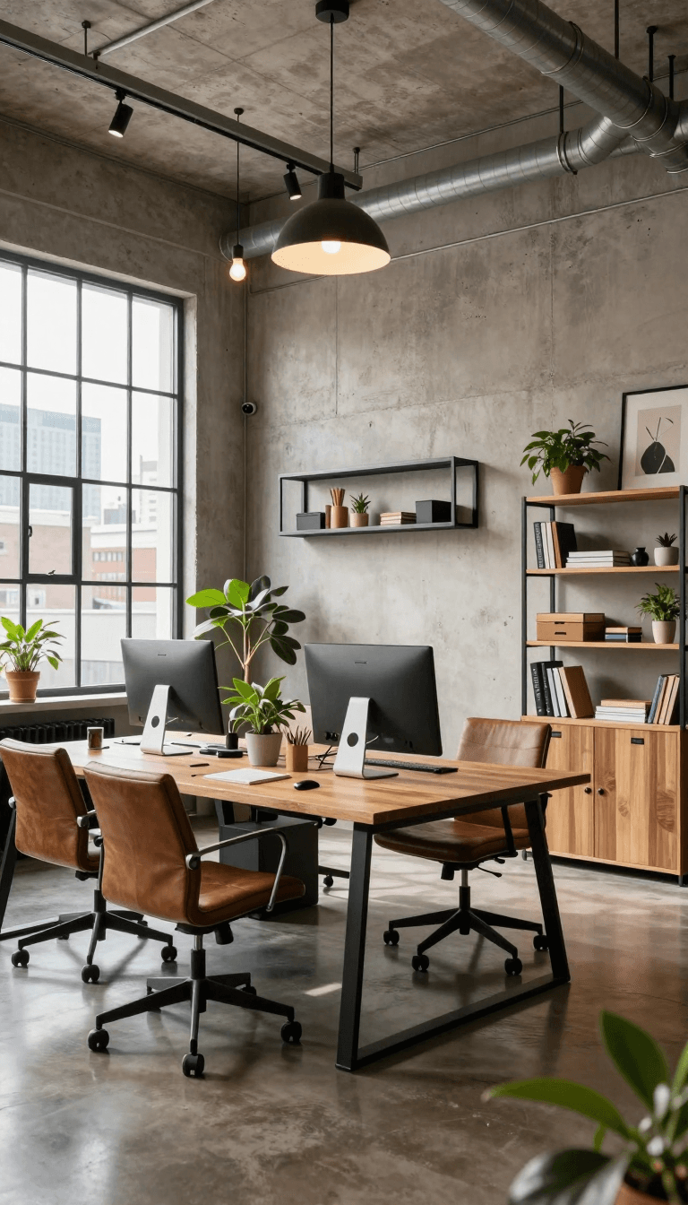 Opheliaai Prompt:This image depicts a modern industrial style office space with a warm and pleasa…