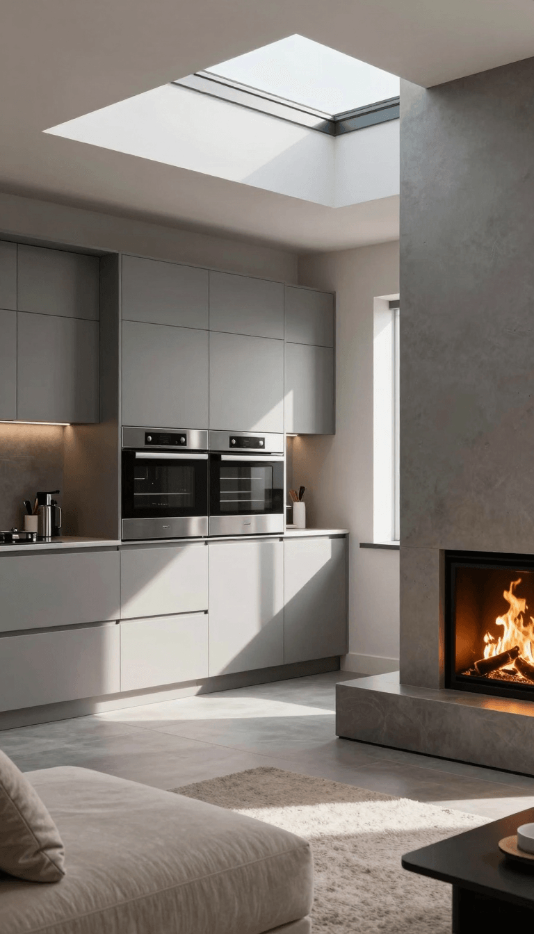 Opheliaai موجه:01,Photograph of a modern, minimalist kitchen and living area with sleek, grey c…