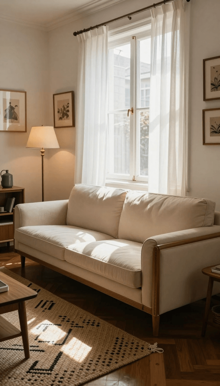 Opheliaai Prompt:A cozy mid-century living room with a focus on natural lighting and subtle shado…
