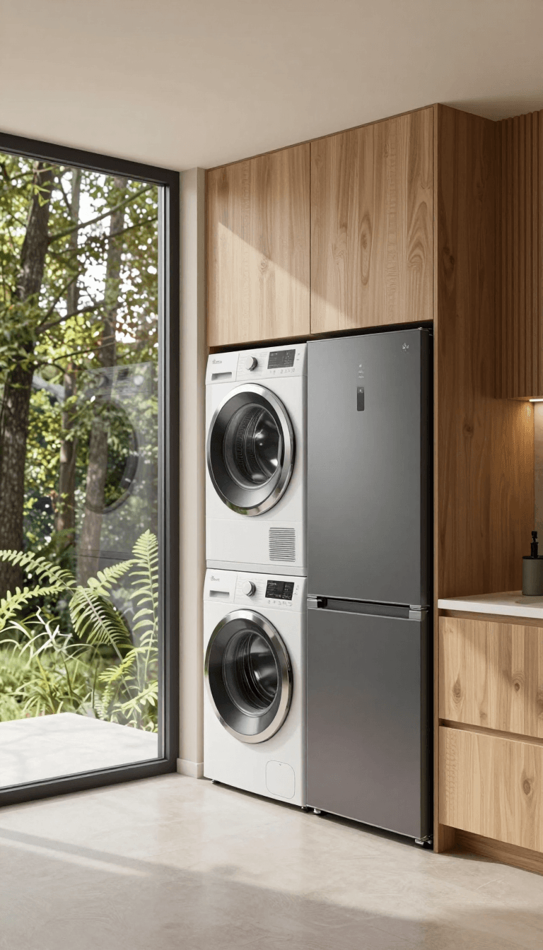 Opheliaai prompt:01,Photograph of a modern, minimalist laundry room with a large, floor-to-ceilin…