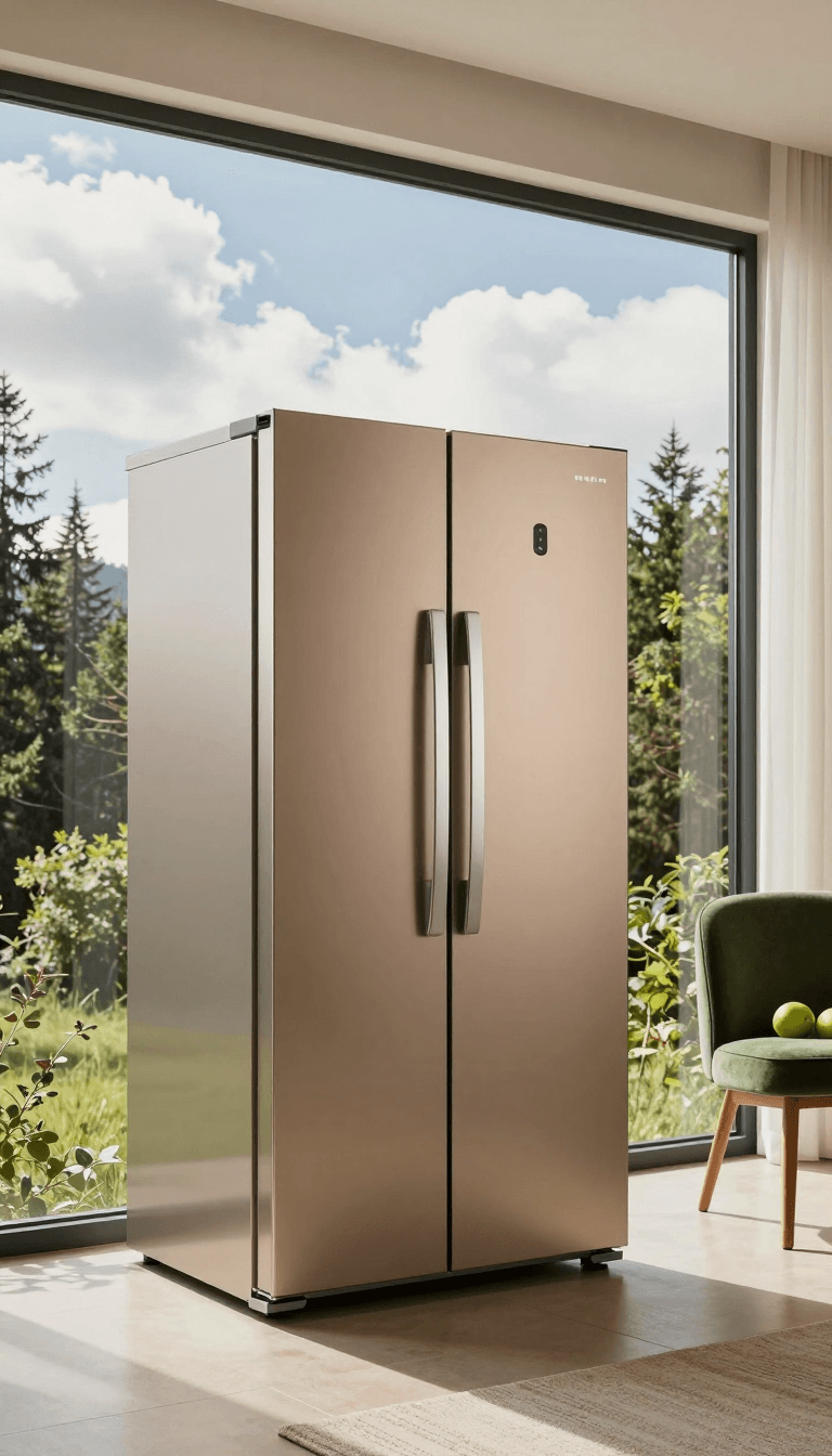 Opheliaai prompt:bx,Bx, Fridge, cabinet,light strip,French cabinet,windows forest,clouds,green ch…