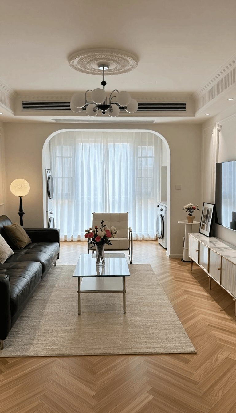 Opheliaai พรอมต์:Photograph of a modern living room with a symmetrical composition. The camera an…