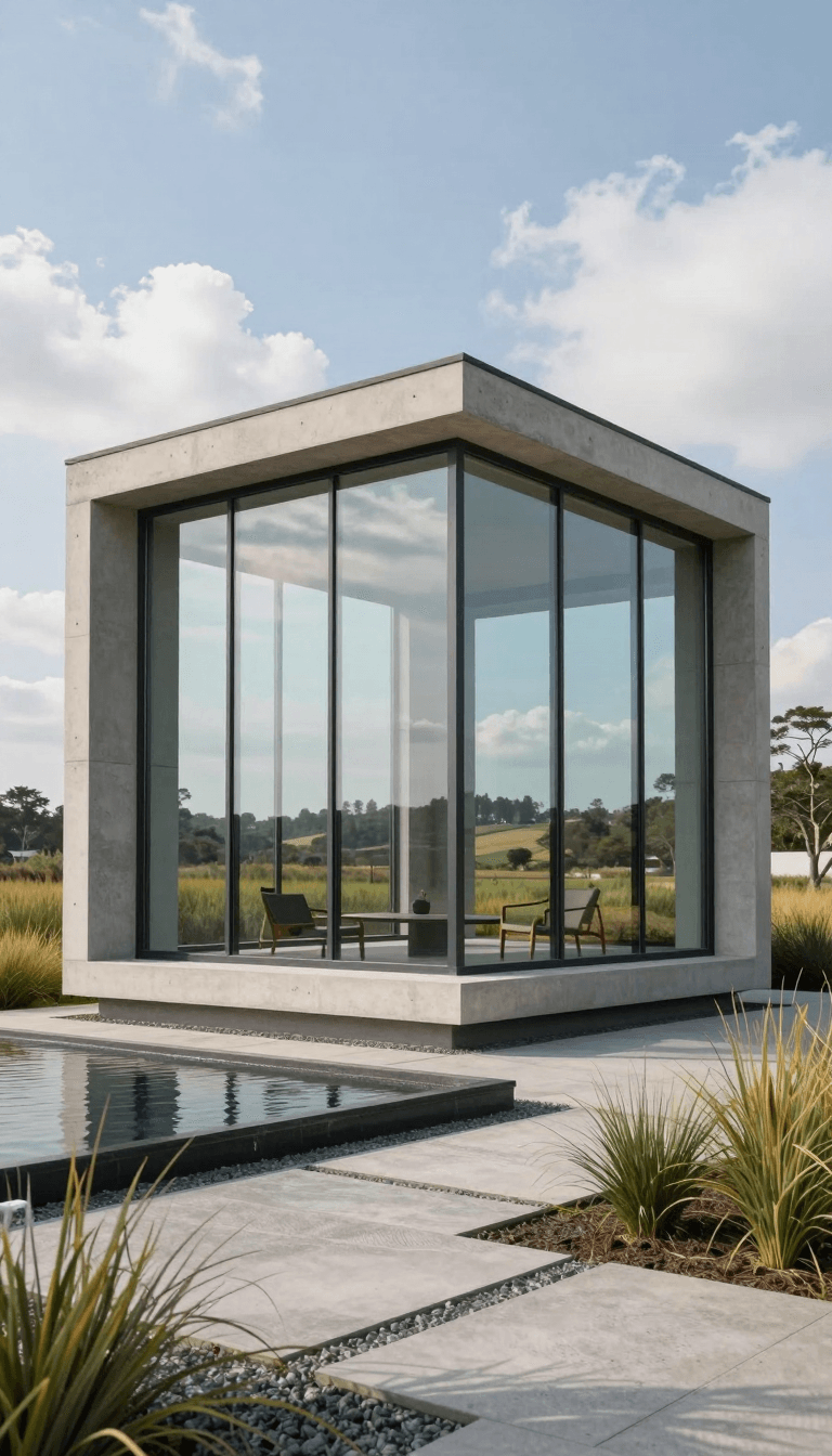 Opheliaai prompt:A sleek,cubic structure with floor-to-ceiling glass walls,offering panoramic vie…