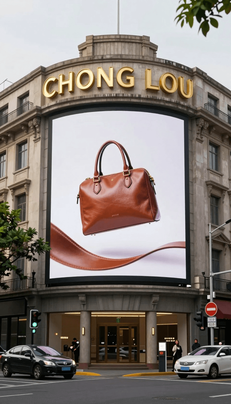 Opheliaai prompt:Naked eye 3D advertising screen,Vintage style corner building photography, with…