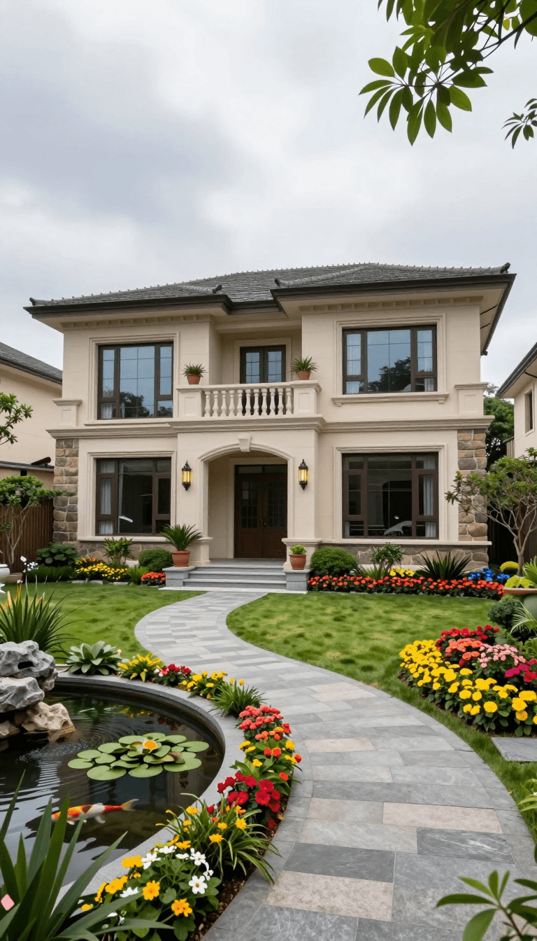 Opheliaai 프롬프트:A luxurious two-story house with a beige exterior,surrounded by a lush garden. T…