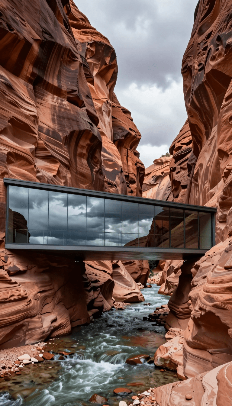 Opheliaai prompt:HIRO,A photograph of a streamlined, low-slung glass gallery reflecting a dramati…