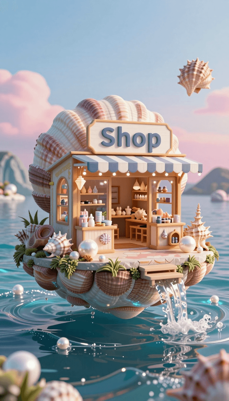 Opheliaai 提示词:shop,Shell Store: A shop made of shell structures,located on a floating island s…