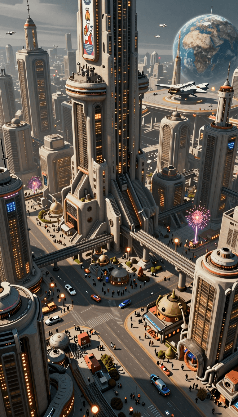 Opheliaai 提示詞:帮我生成一个恢弘大气的未来科幻城市手绘图，密密麻麻建满了建筑，万家灯火，可容纳数百万人，建筑风格为复古未来主义建筑风格，高达蒙皮质感，不同高度和层级的建筑通过楼…