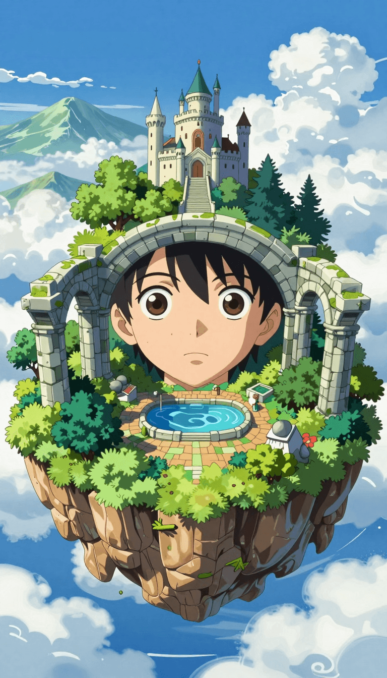 Opheliaai prompt:A vibrant, detailed digital painting depicts a fantastical, cloud-covered island…