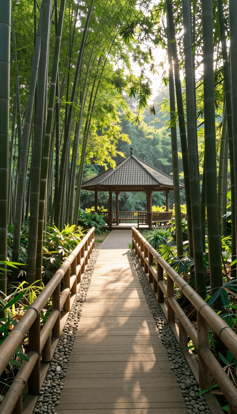 Opheliaai موجه:JJ,JJ,a vibrant photograph captures a tranquil bamboo forest path during sunrise…