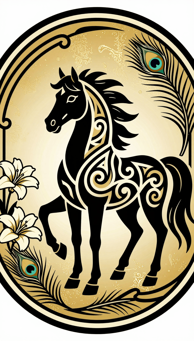 Opheliaai พรอมต์:A stylized portrait of a noble black horse,its form composed of intricate,swirli…